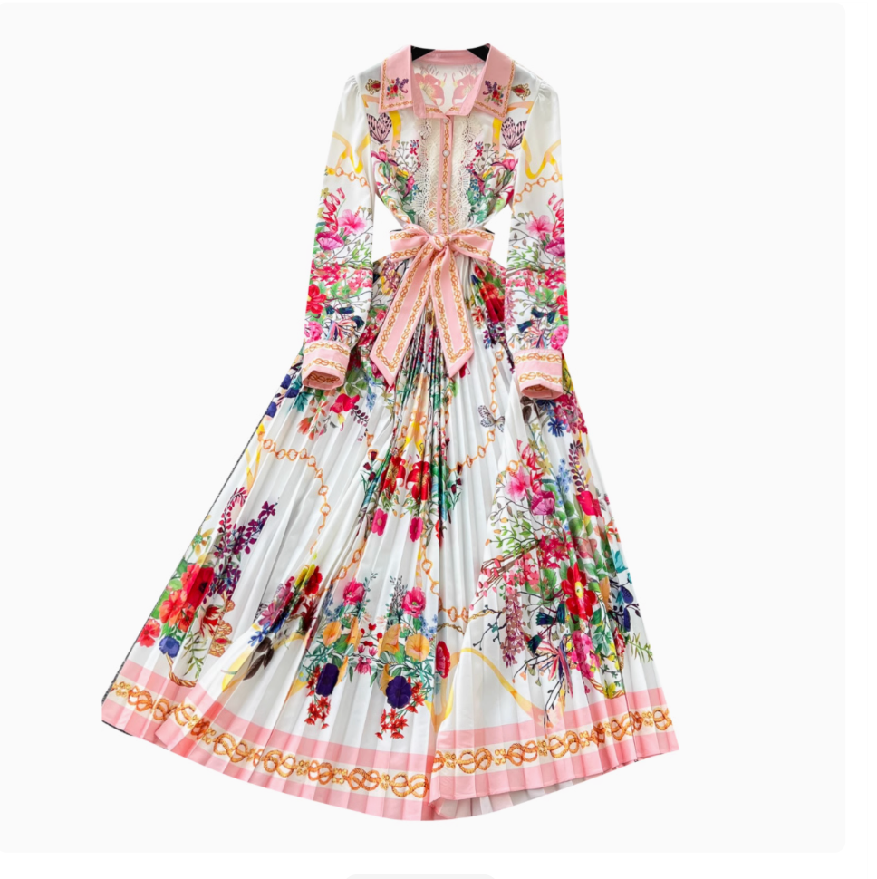 Lace Patchwork Floral Pleated Dress