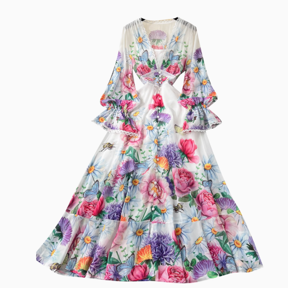 Deep V-neck Ruffled Floral Dress