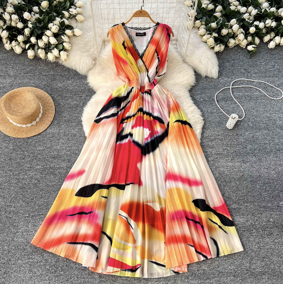 Vintage Tie-dye Printed Sleeveless Dress