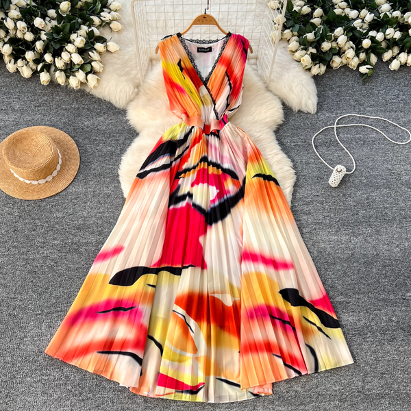 Vintage Tie-dye Printed Sleeveless Dress