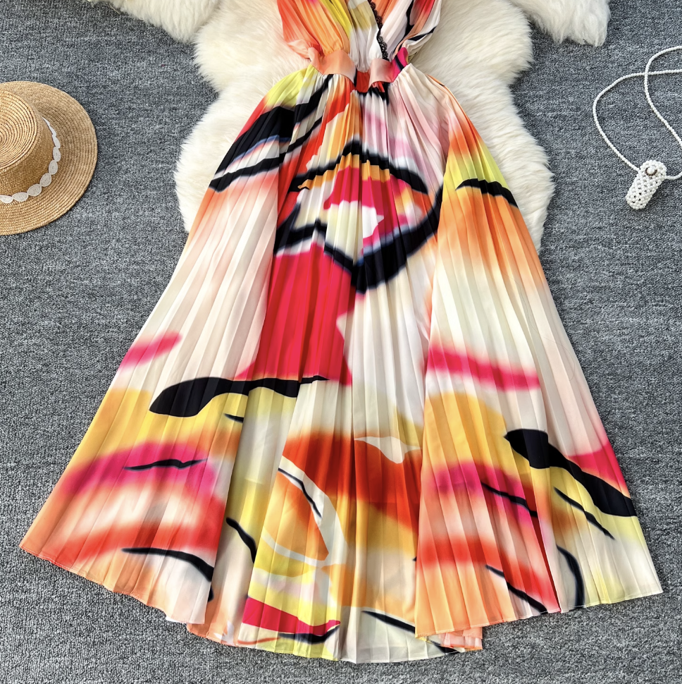 Vintage Tie-dye Printed Sleeveless Dress