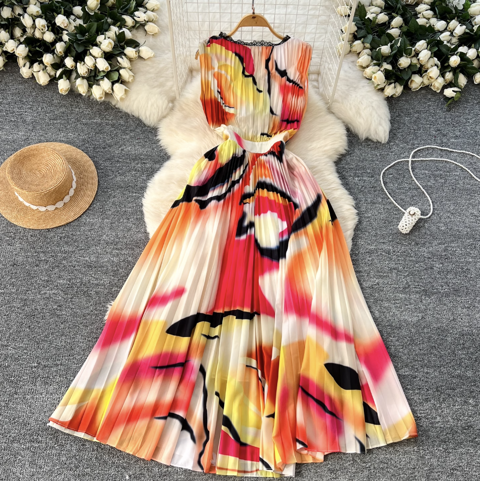 Vintage Tie-dye Printed Sleeveless Dress