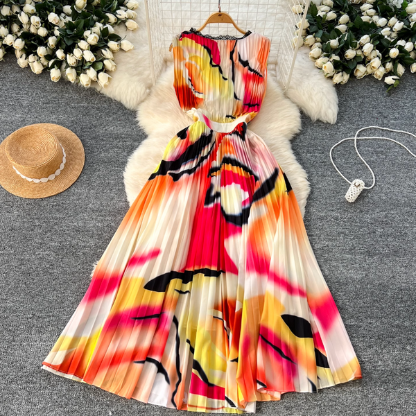 Vintage Tie-dye Printed Sleeveless Dress