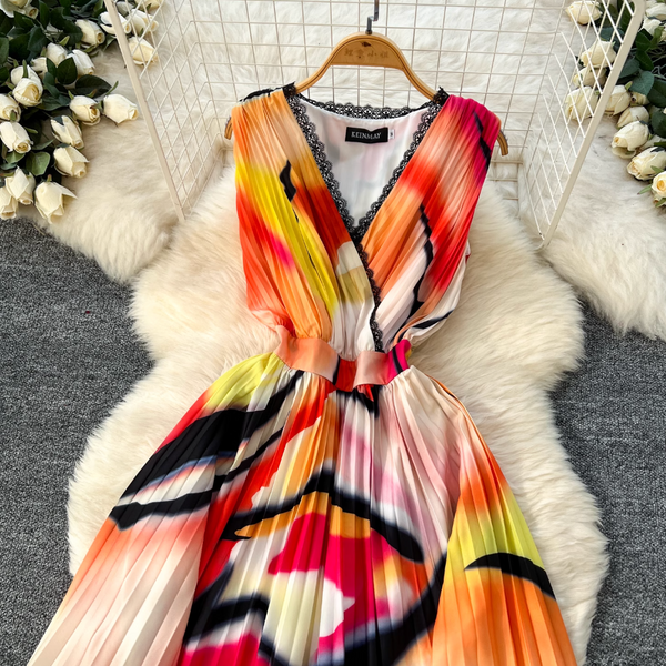 Vintage Tie-dye Printed Sleeveless Dress