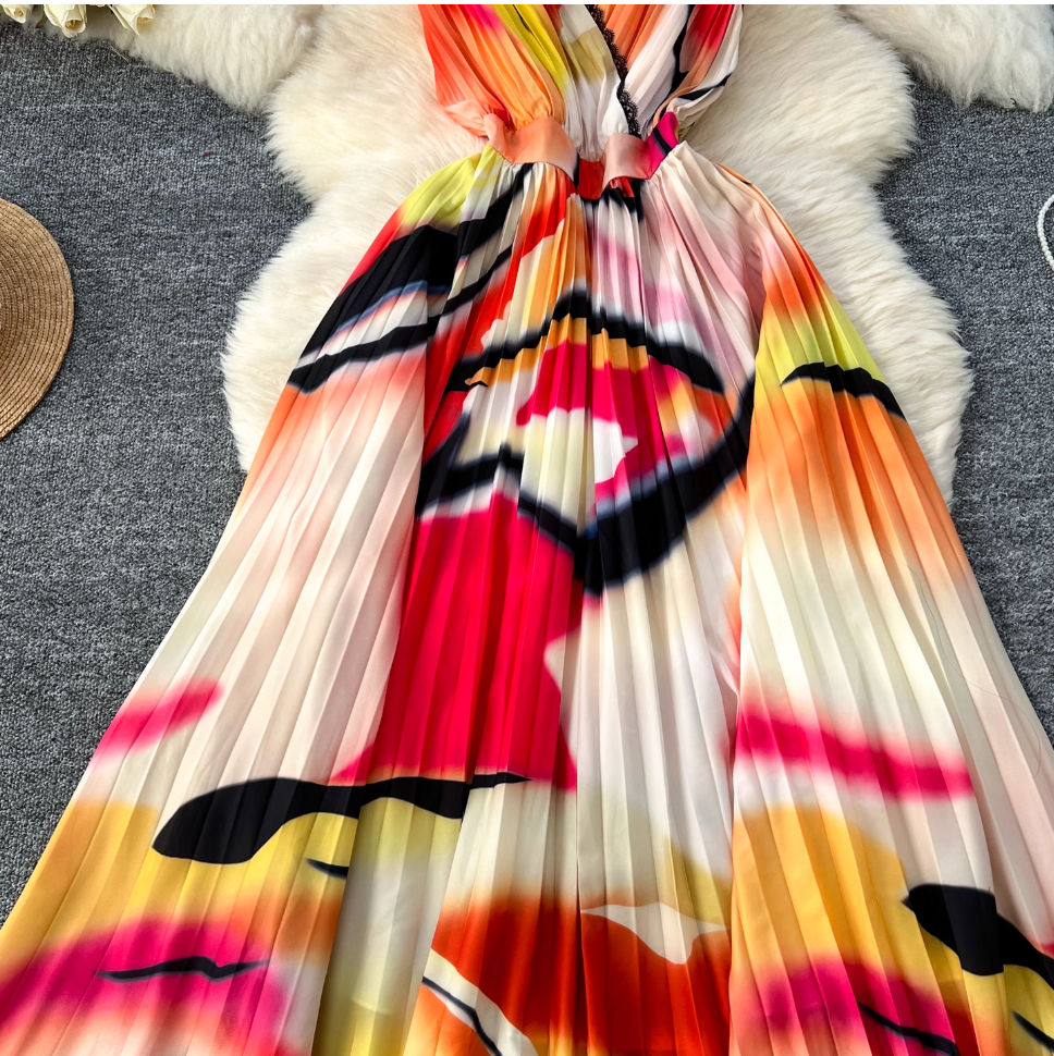 Vintage Tie-dye Printed Sleeveless Dress