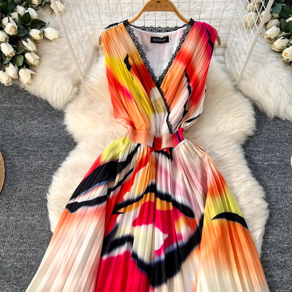 Vintage Tie-dye Printed Sleeveless Dress