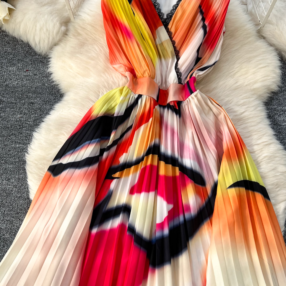 Vintage Tie-dye Printed Sleeveless Dress