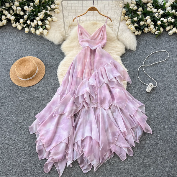 Irregular Design Ruffled Pink Slip Dress