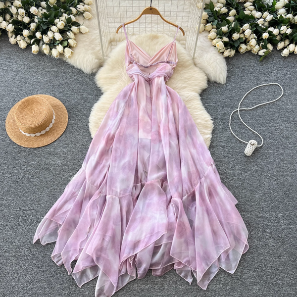 Irregular Design Ruffled Pink Slip Dress