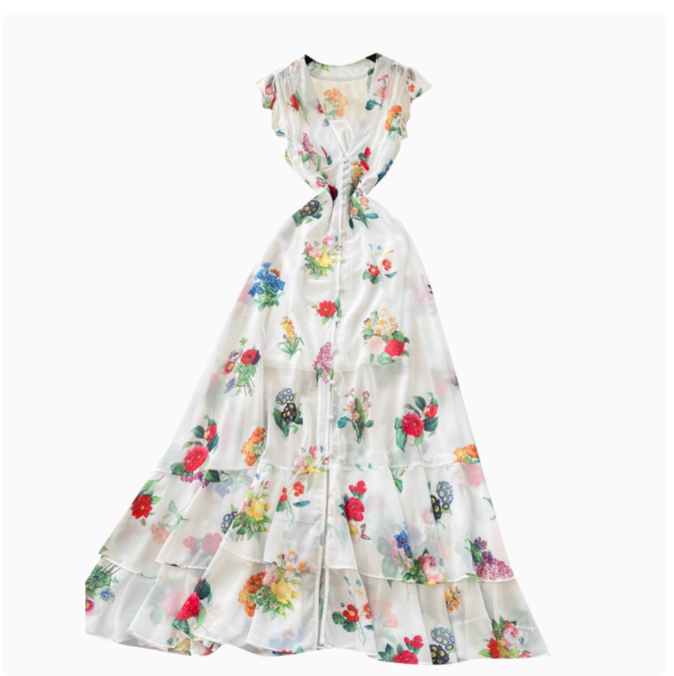 Deep V-neck Floral Chiffon Dress