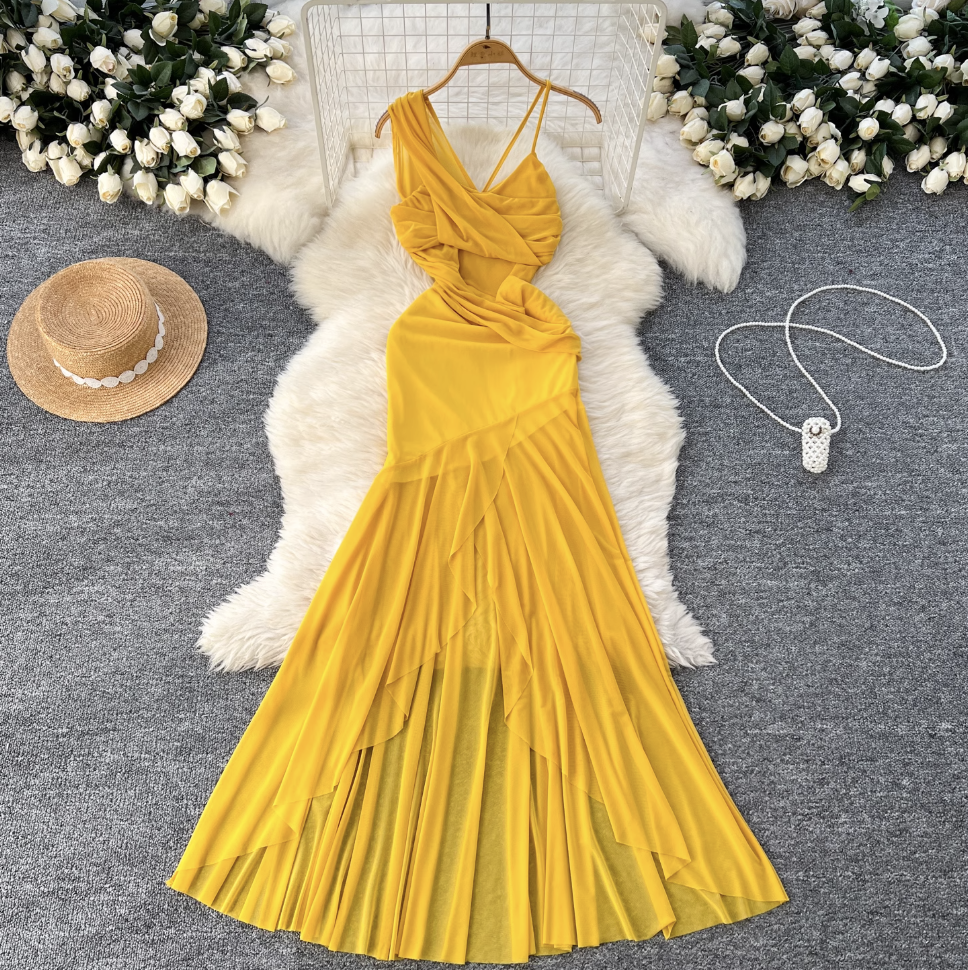 Asymmetric A-line Yellow Slip Dress