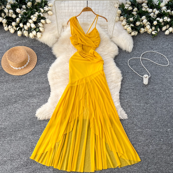 Asymmetric A-line Yellow Slip Dress