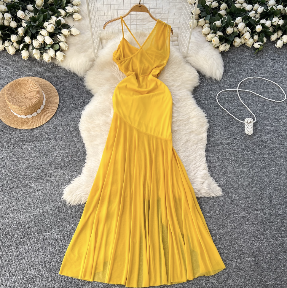 Asymmetric A-line Yellow Slip Dress