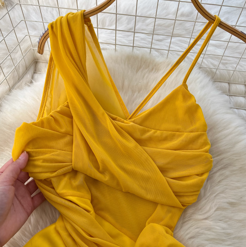 Asymmetric A-line Yellow Slip Dress