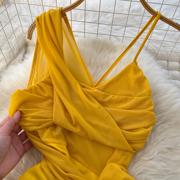 Asymmetric A-line Yellow Slip Dress