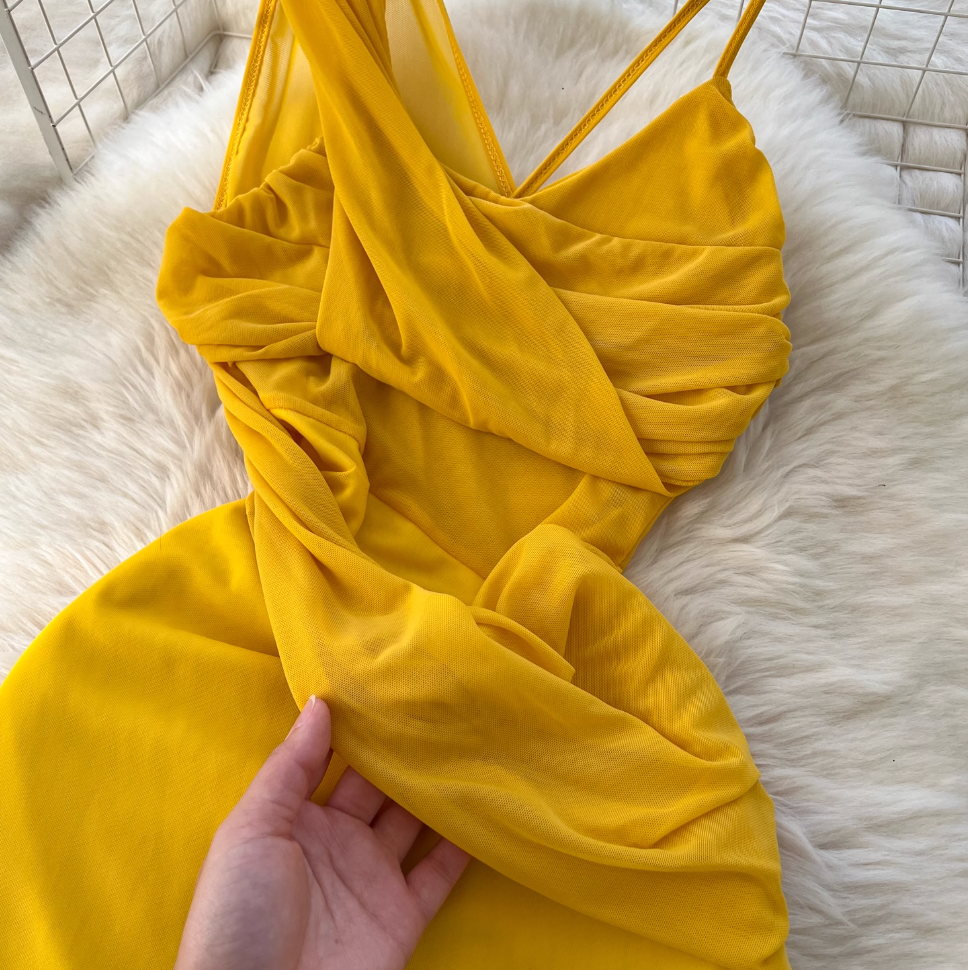Asymmetric A-line Yellow Slip Dress