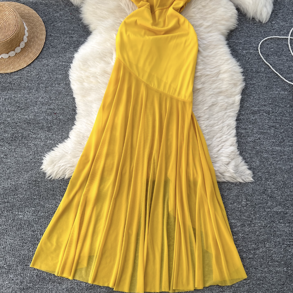 Asymmetric A-line Yellow Slip Dress