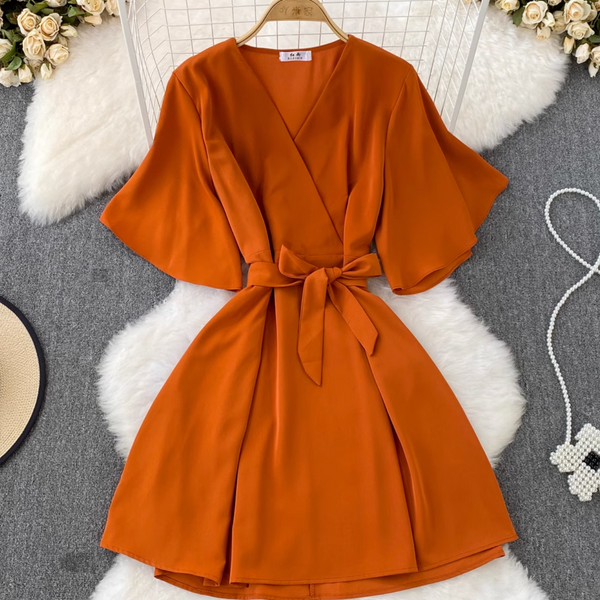 Vintage Lace-up Solid Color Dress