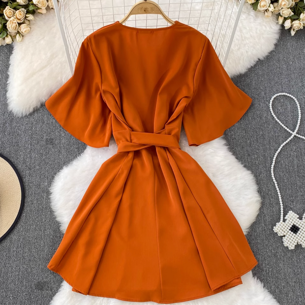 Vintage Lace-up Solid Color Dress