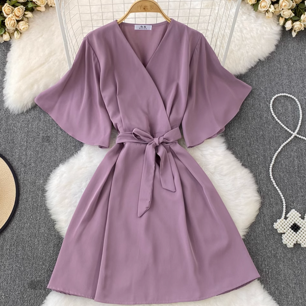 Vintage Lace-up Solid Color Dress