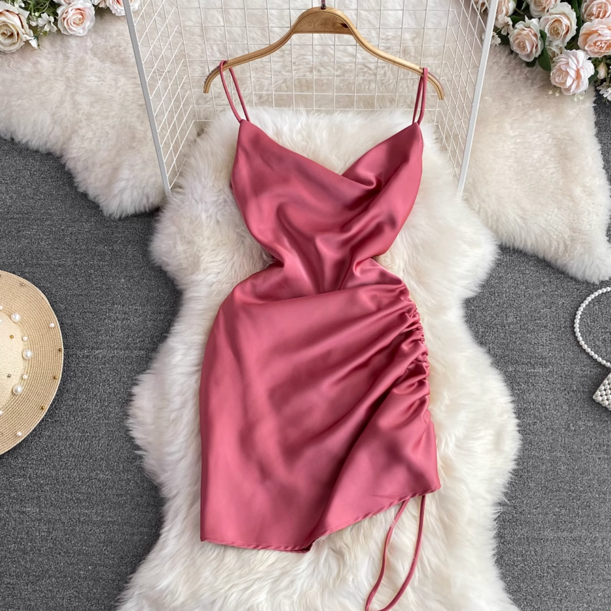 Draped Neckline Drawstring Slip Dress