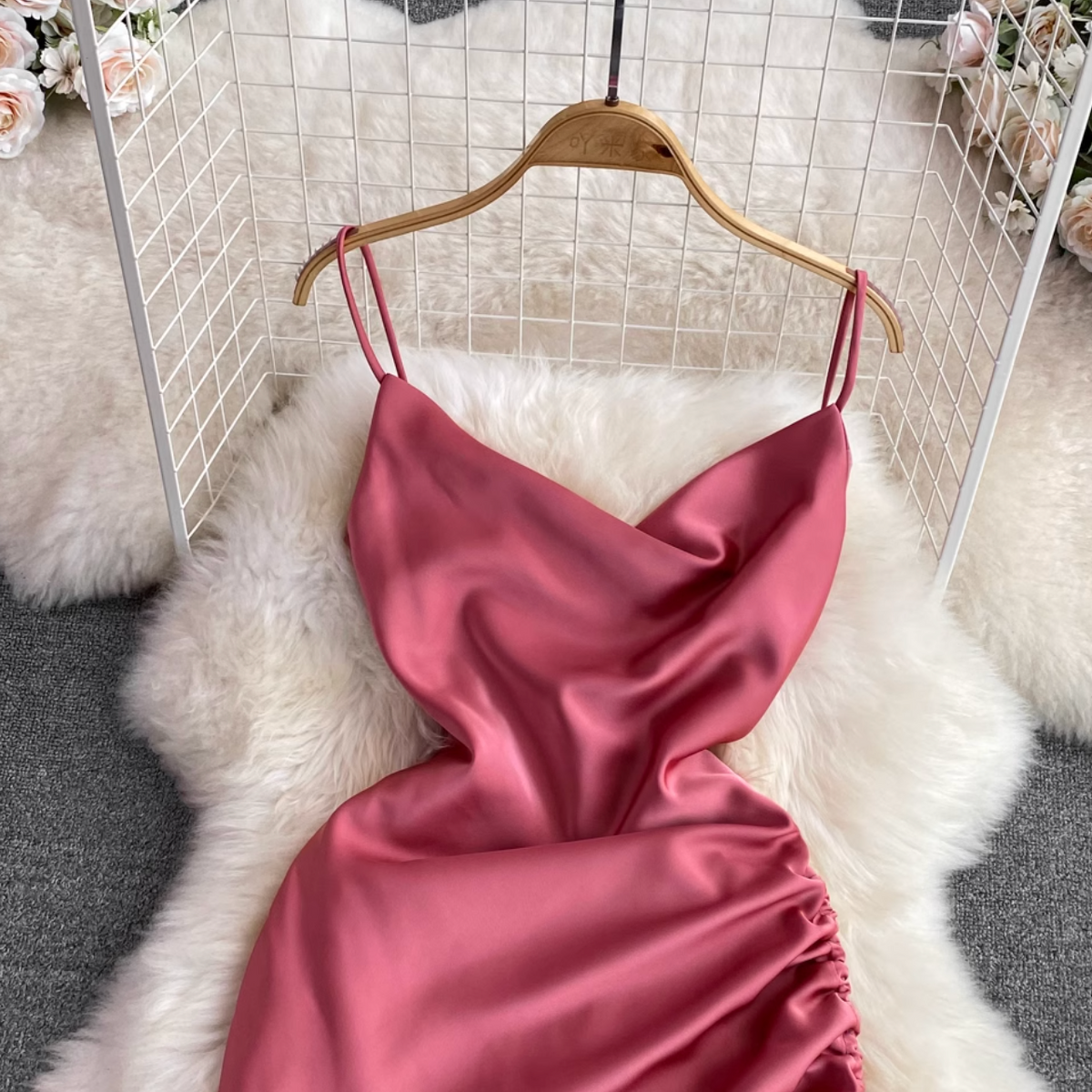 Draped Neckline Drawstring Slip Dress