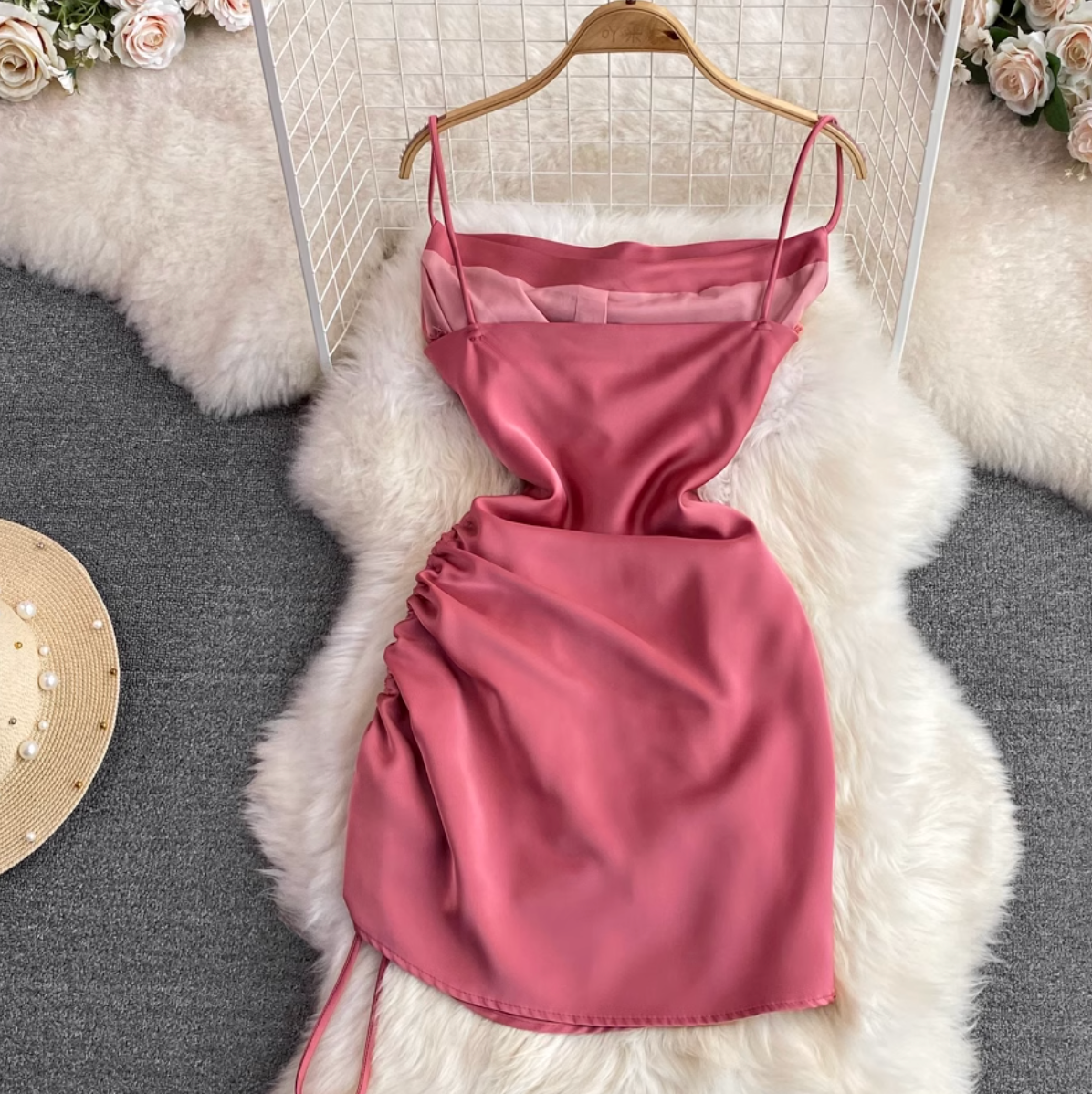 Draped Neckline Drawstring Slip Dress