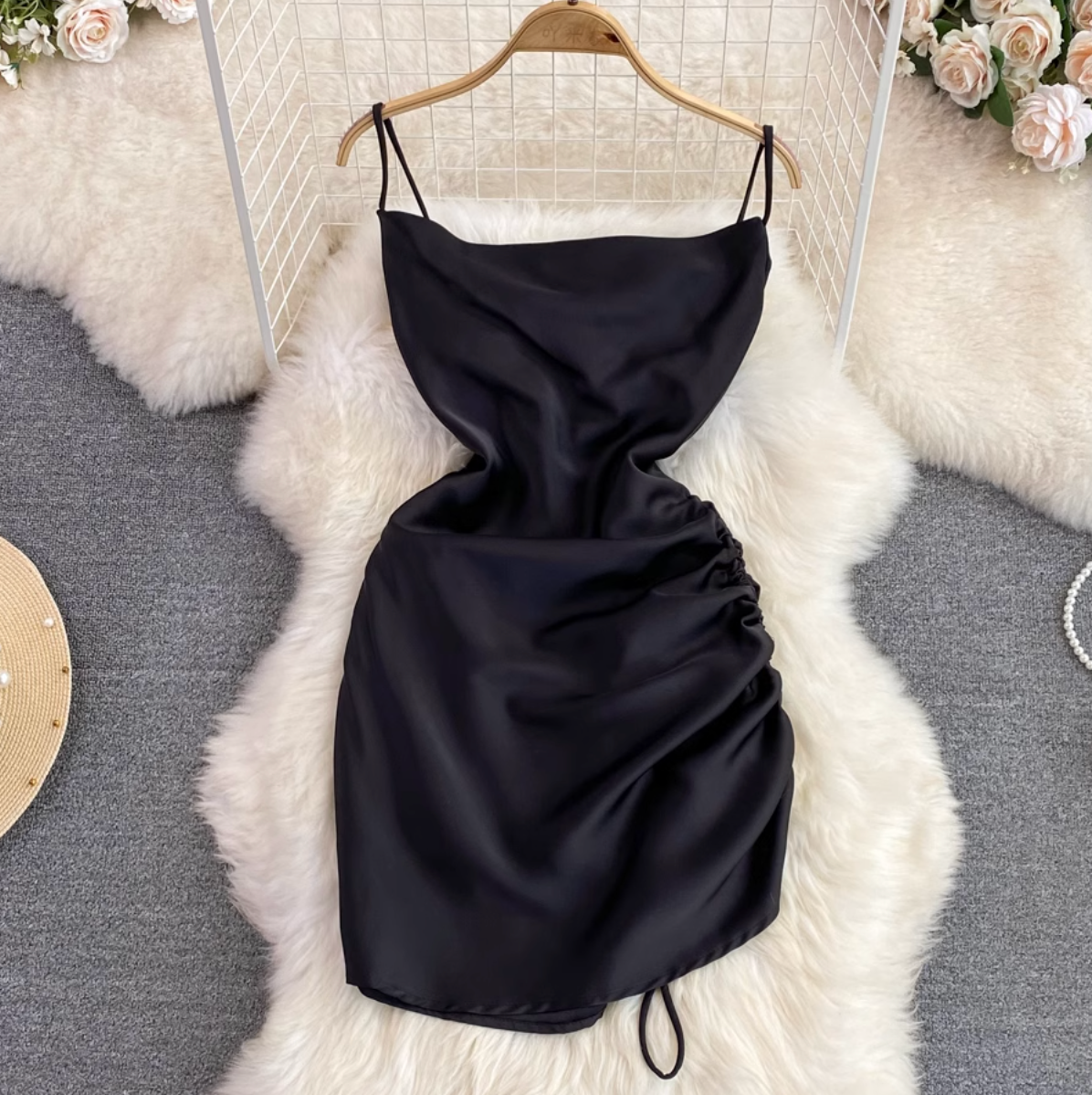 Draped Neckline Drawstring Slip Dress