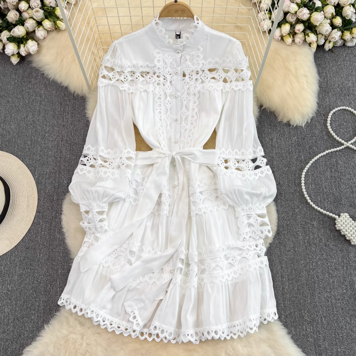Courtly White Lace Patchwork Dress