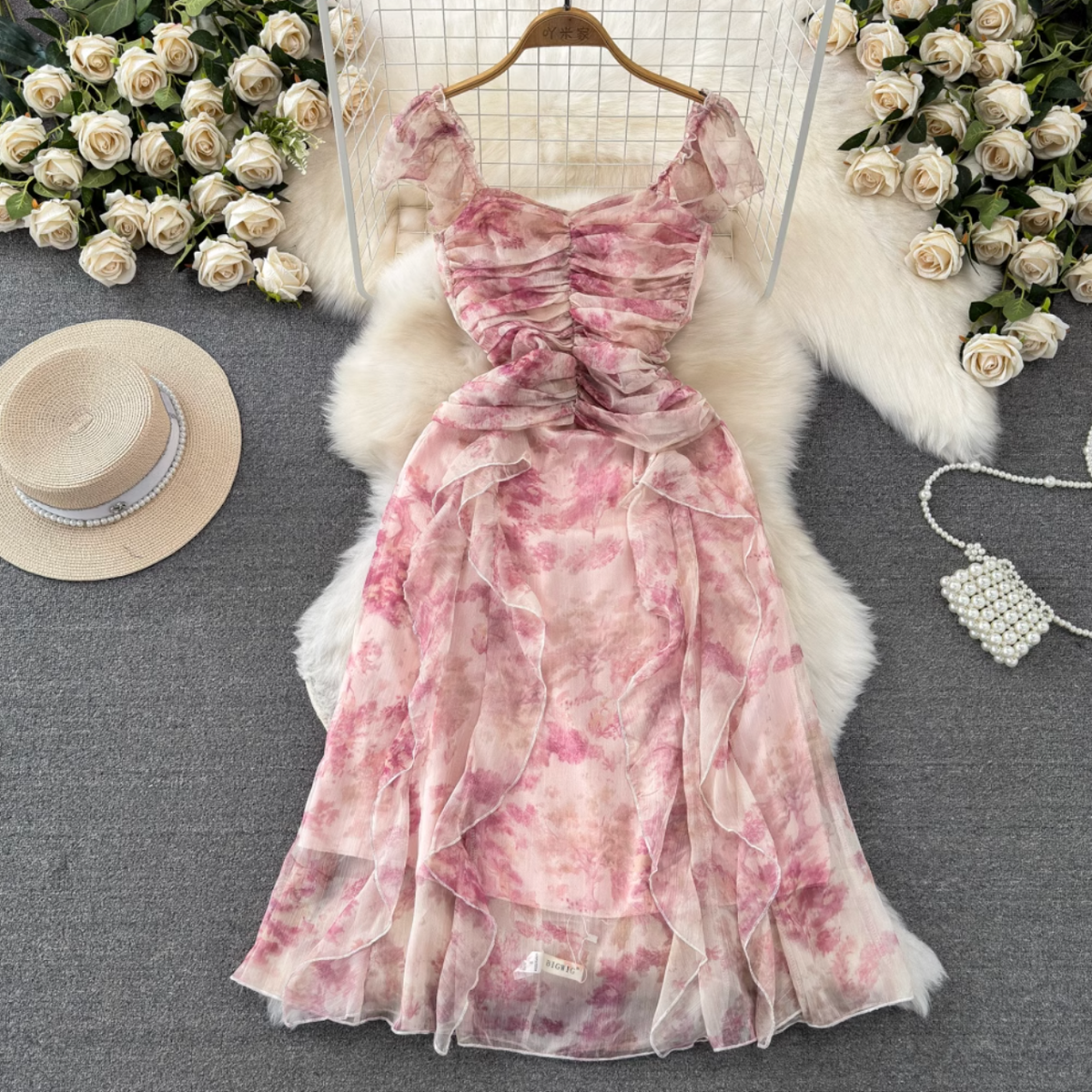 Fairy Pink Floral Printed Chiffon Dress