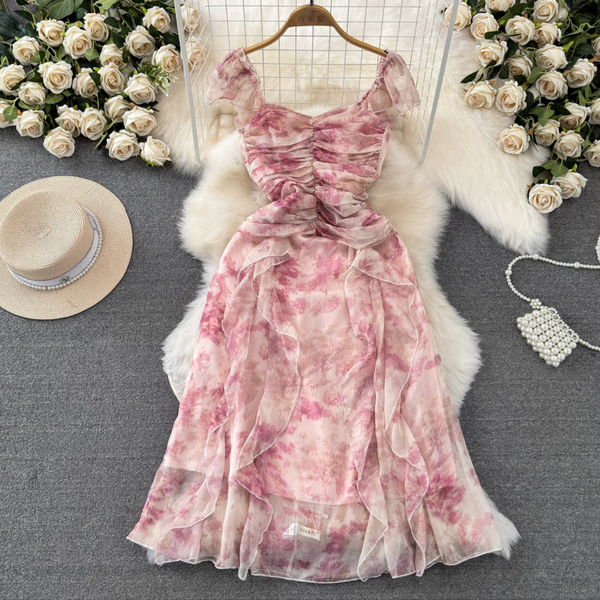 Fairy Pink Floral Printed Chiffon Dress