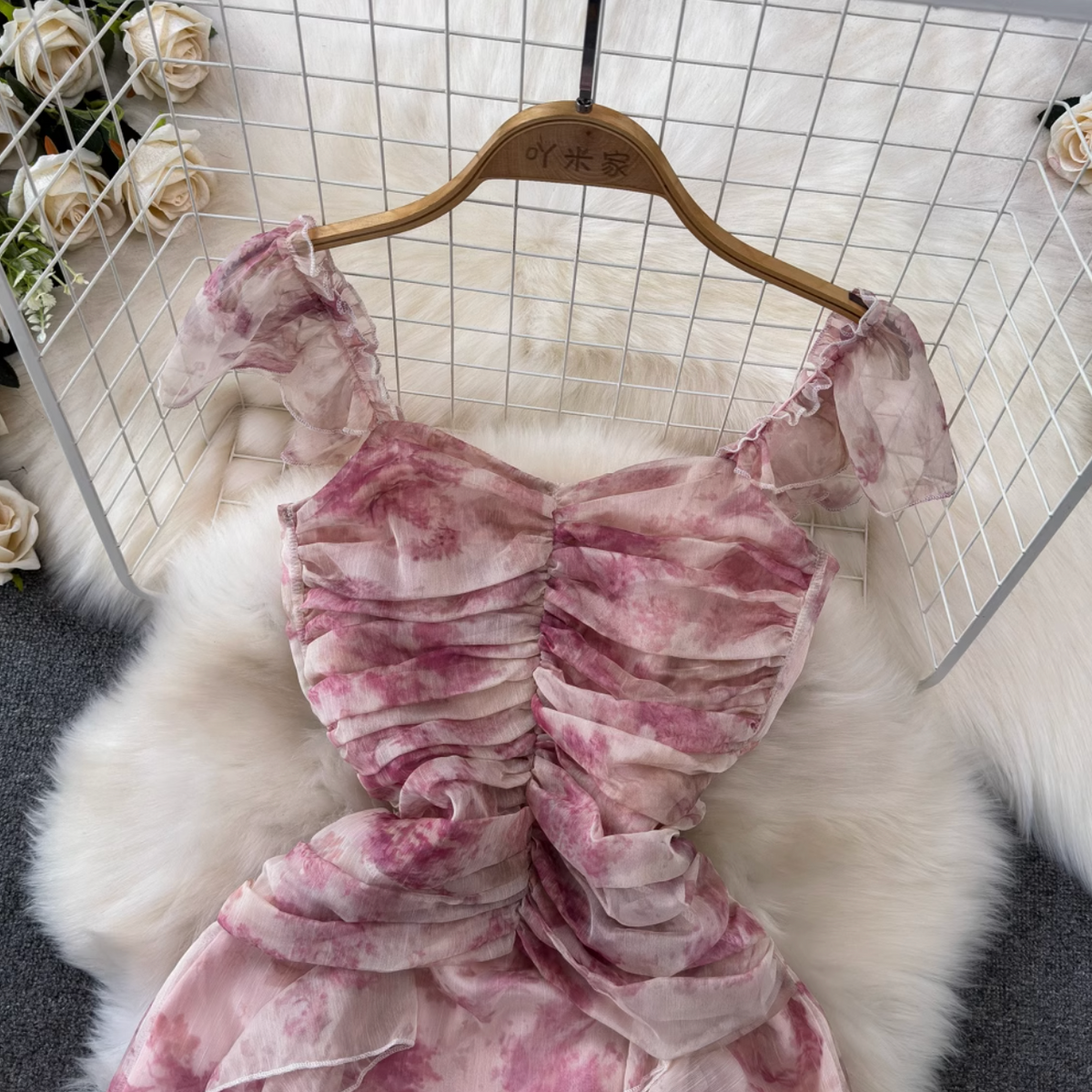 Fairy Pink Floral Printed Chiffon Dress