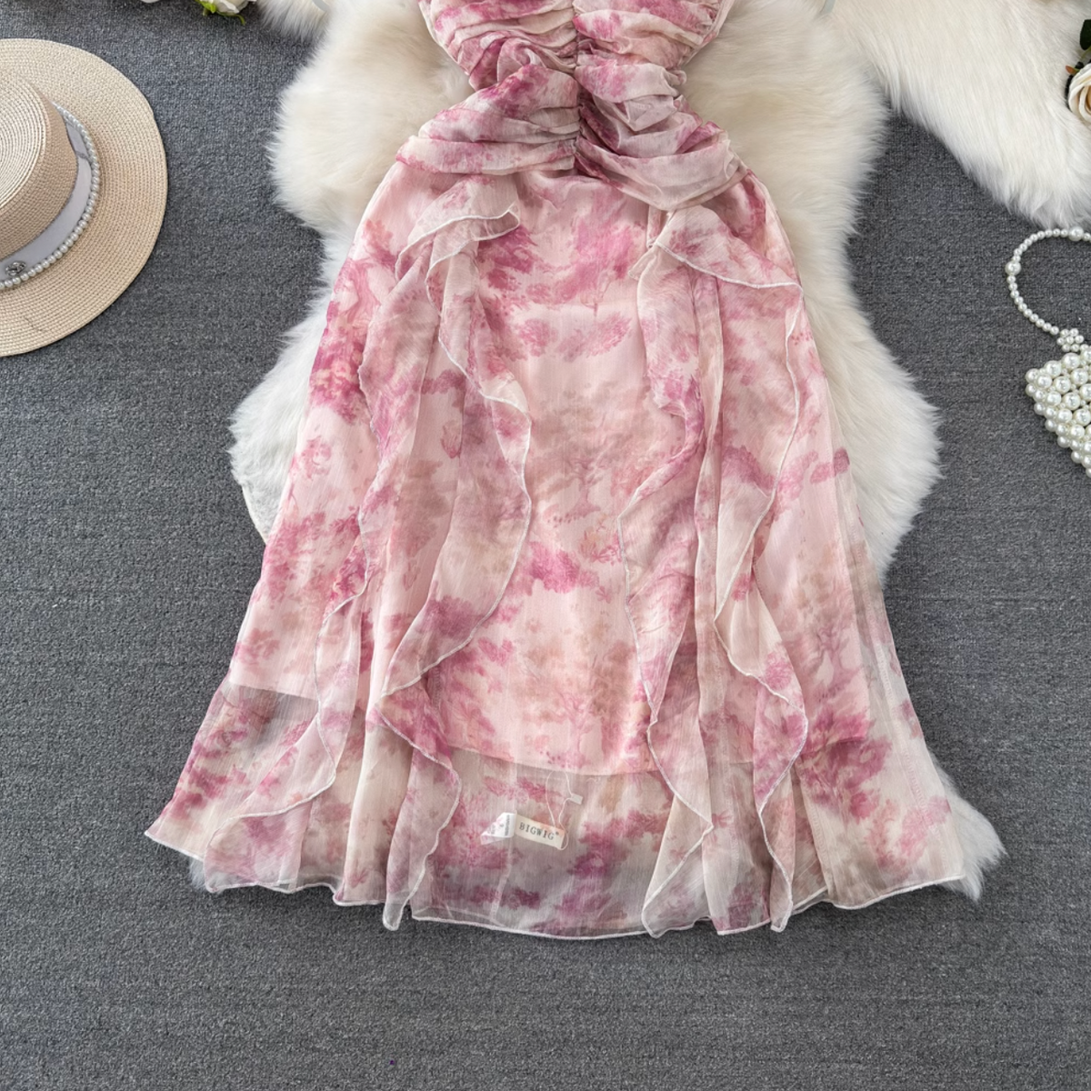 Fairy Pink Floral Printed Chiffon Dress