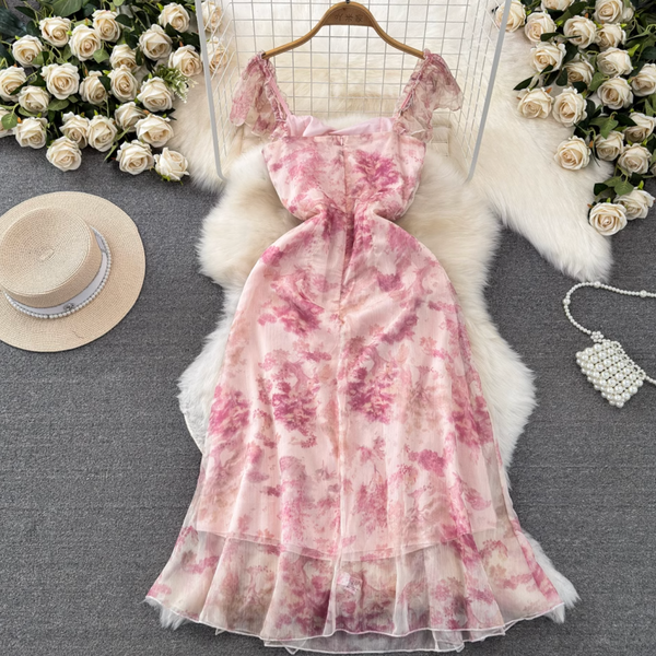 Fairy Pink Floral Printed Chiffon Dress