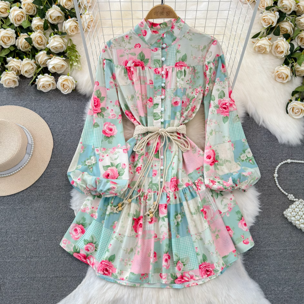 Courtly Lace-up Floral Printed Dress