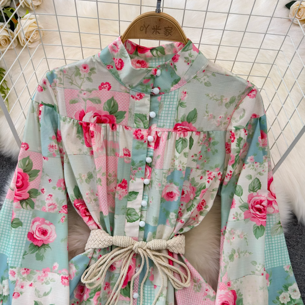 Courtly Lace-up Floral Printed Dress