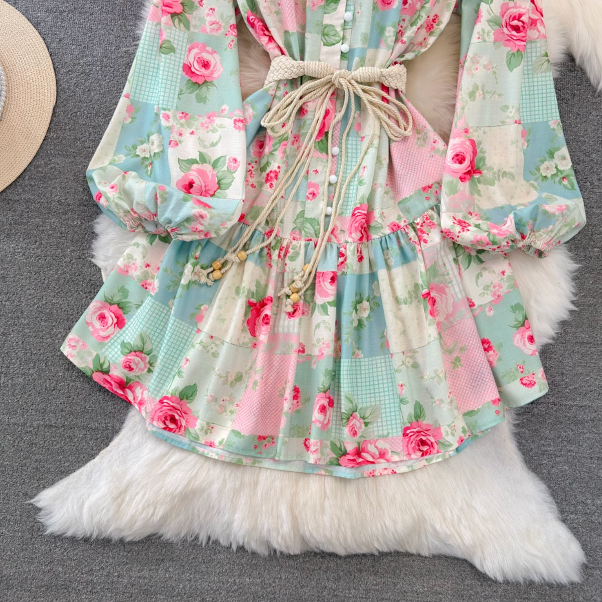 Courtly Lace-up Floral Printed Dress