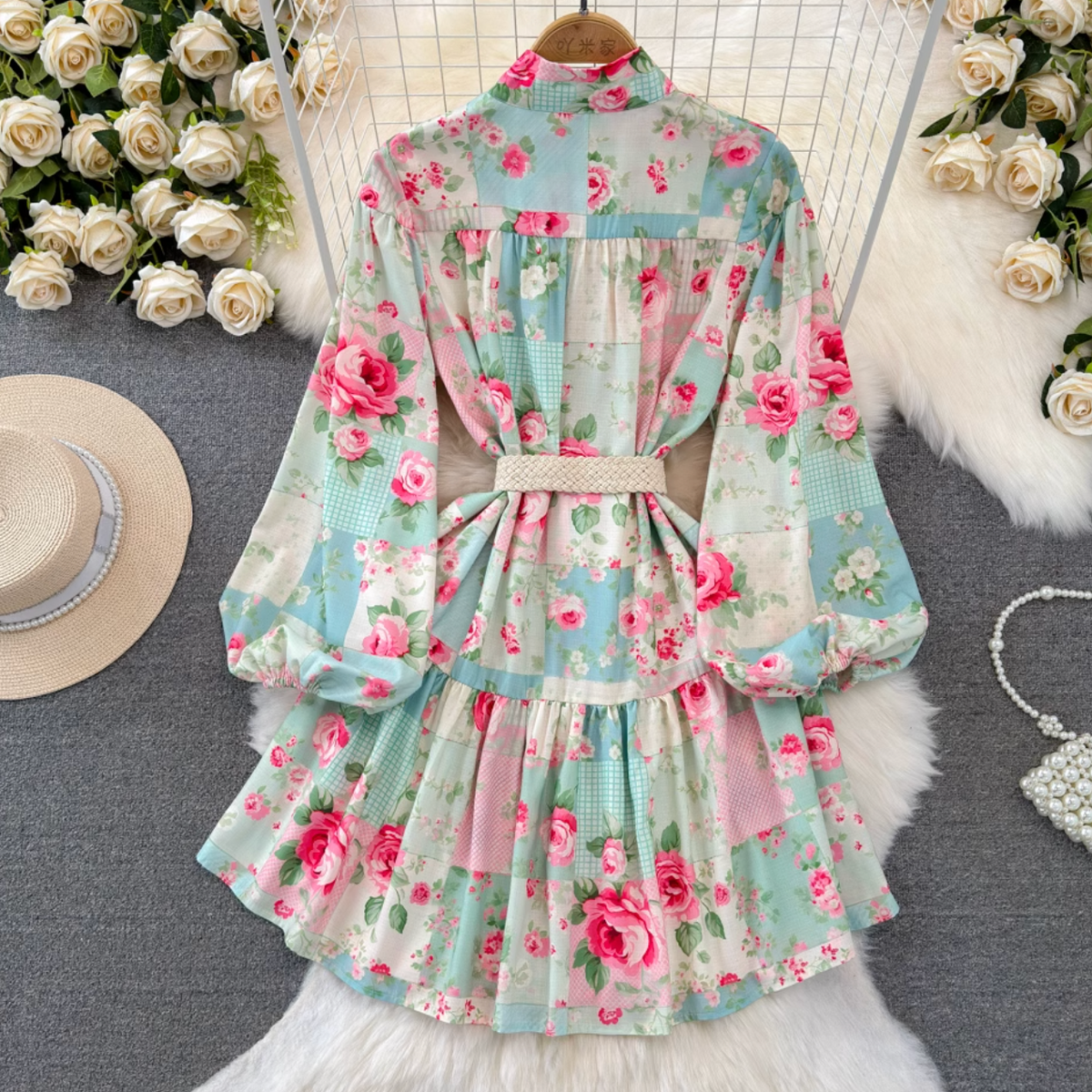 Courtly Lace-up Floral Printed Dress