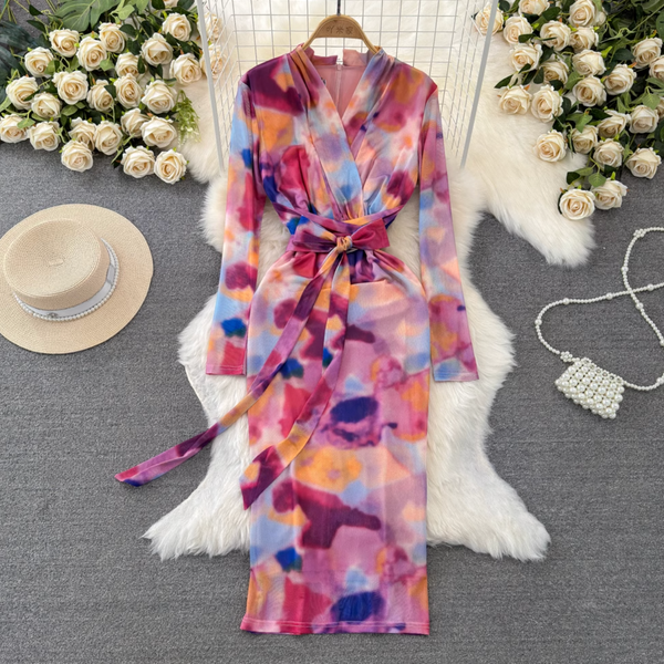 Colorful Printed Lace-up Mesh Dress