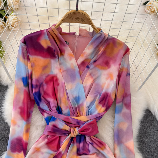 Colorful Printed Lace-up Mesh Dress