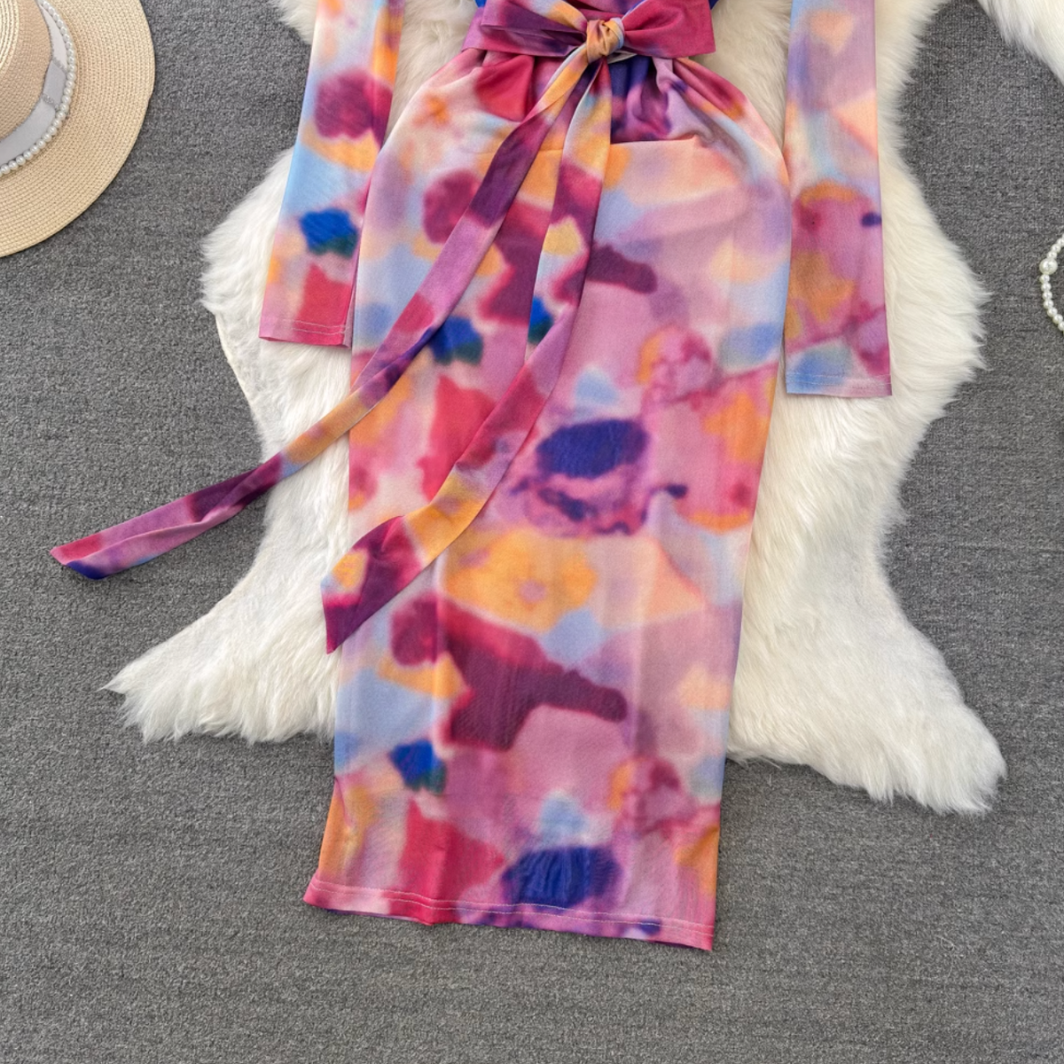 Colorful Printed Lace-up Mesh Dress
