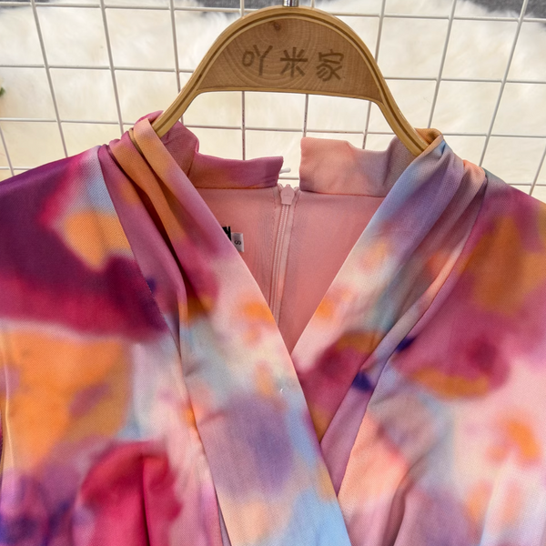 Colorful Printed Lace-up Mesh Dress