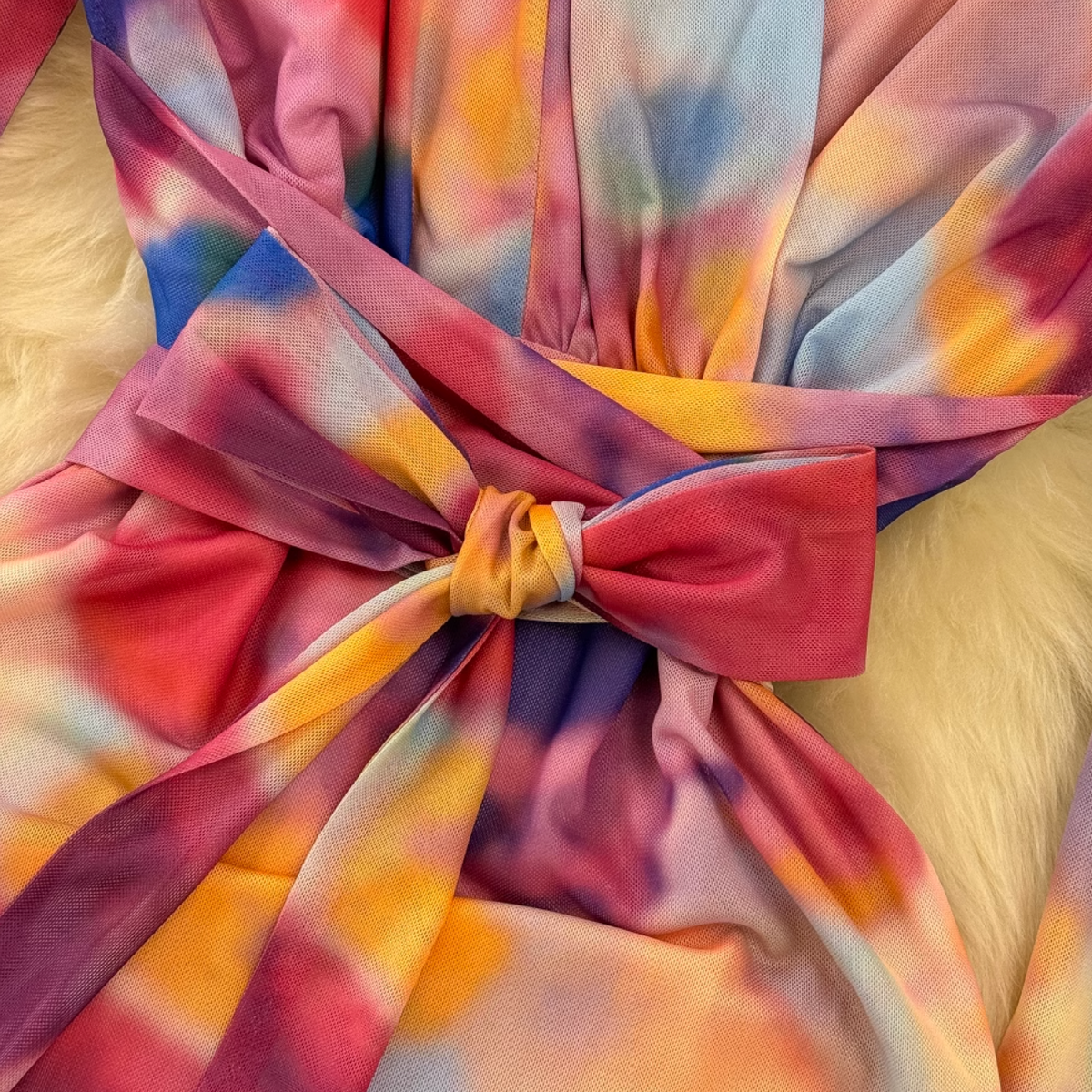 Colorful Printed Lace-up Mesh Dress