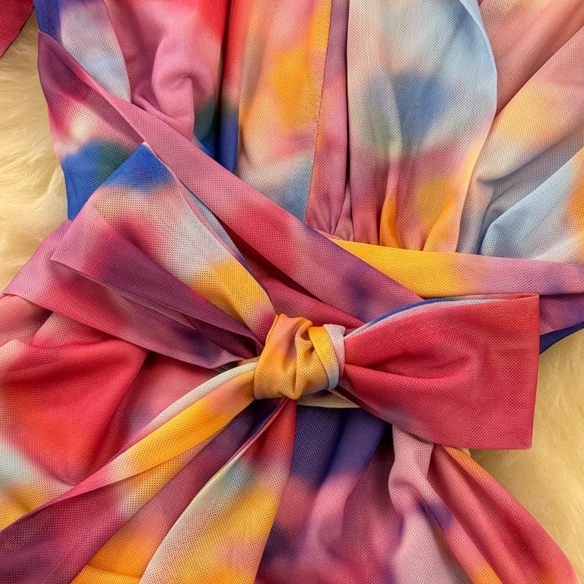 Colorful Printed Lace-up Mesh Dress