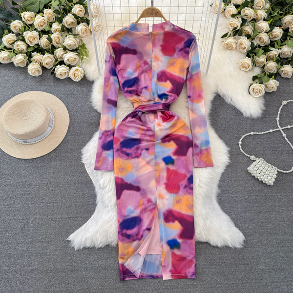 Colorful Printed Lace-up Mesh Dress