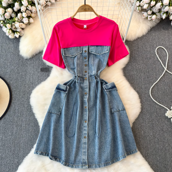 Faux Two-pieces Denim Patchwork Dress