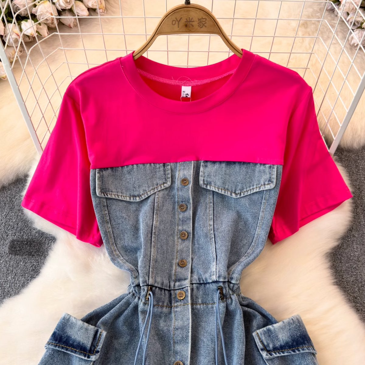 Faux Two-pieces Denim Patchwork Dress