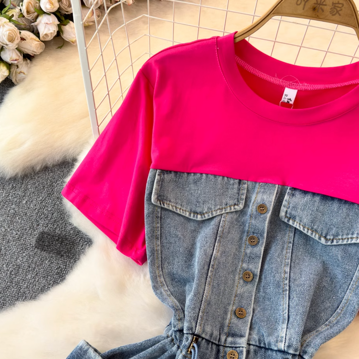 Faux Two-pieces Denim Patchwork Dress