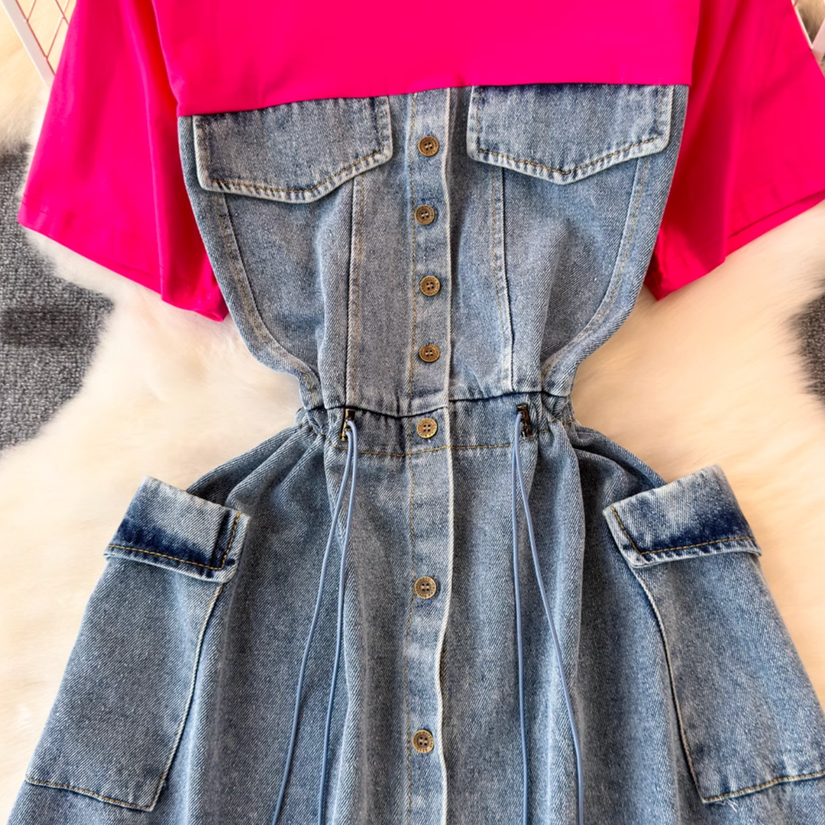 Faux Two-pieces Denim Patchwork Dress