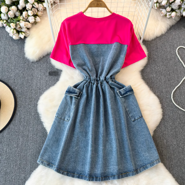 Faux Two-pieces Denim Patchwork Dress